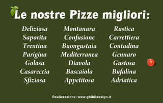 Ghibli Design - Biglietto personalizzabile,  #1439 - indietro - pizza, pizze, pizzeria, pizzerie, forno, legna, farina, mozzarella, margherita, basilico, ristorante, ristoranti, italiano, italia, cucina, italiana, verde, scuro