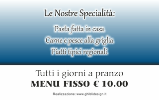 Ghibli Design - Biglietto personalizzabile,  #1493 - indietro - azzurro, cibo, pesce, piatto, primo, ristorante, ristorazione, spaghetteria, spaghetti, trattoria, vongole