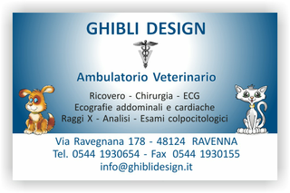 Ghibli Design - Biglietto personalizzabile,  #1530 - fronte - ambulatorio, animali, azzurro, blu, cane, cuccioli, disegni, disegno, gatto, orario, studio, veterinario
