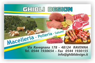 Ghibli Design - Biglietto personalizzabile,  #2099 - fronte - macelleria macellaio polleria salumeria salumi carne carni arrosto spiedini bistecca mucche pascolo scaloppine azzurro verde