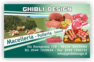 Ghibli Design - Biglietto personalizzabile,  #2102 - fronte - macelleria macellaio polleria salumeria salumi carne carni arrosto spiedini bistecca mucche pascolo scaloppine verde