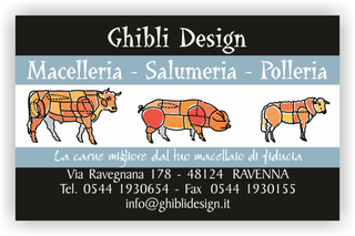 Ghibli Design - Biglietto personalizzabile,  #2111 - fronte - macelleria salumeria polleria macellaio carne carni ovina bovina suina mucca maiale pecora tagli vitello azzurro grigio nero