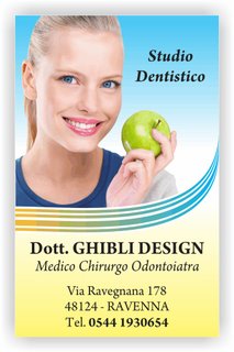 Ghibli Design - Biglietto verticale,  #2391 - fronte - dentista studio dentistico odontoiatra odontoiatrico ragazza sorriso mela denti bianchi sorridente bocca azzurro giallo