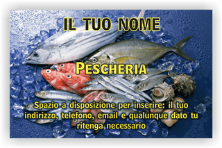 Ghibli Design - Biglietto personalizzabile,  #2568 - fronte - 3395, 2568, pesce, pesci, pesce di mare, pescheria, pescivendolo, triglie, acciughe, sardine, conchiglie, ghiaccio, blu, giallo