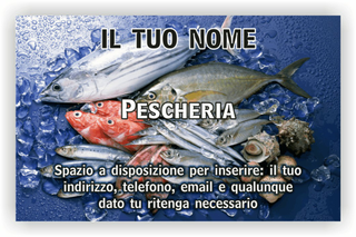 Ghibli Design - Biglietto personalizzabile,  #2569 - fronte - pesce, pesci, pesce di mare, pescheria, pescivendolo, triglie, acciughe, sardine, conchiglie, ghiaccio, blu, bianco